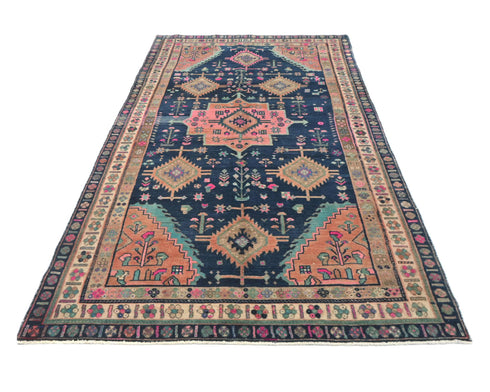 5x10 Vintage Blue Persian Style Hand Knotted Low Pile Wool Area Rug